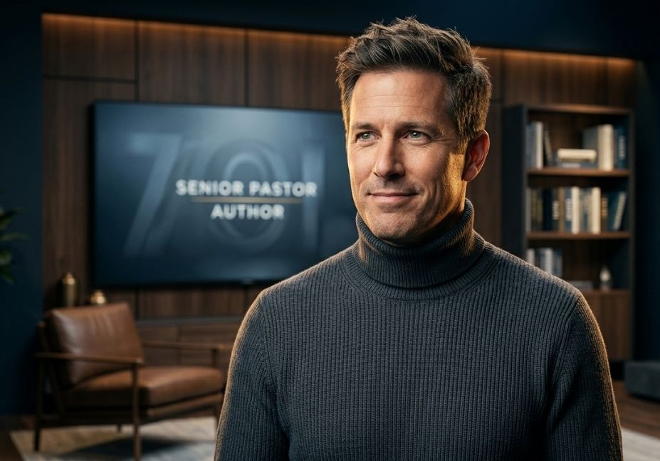 Premium cinematic portrait of author and pastor Kyle Idleman in a modern luxury studio background without text.