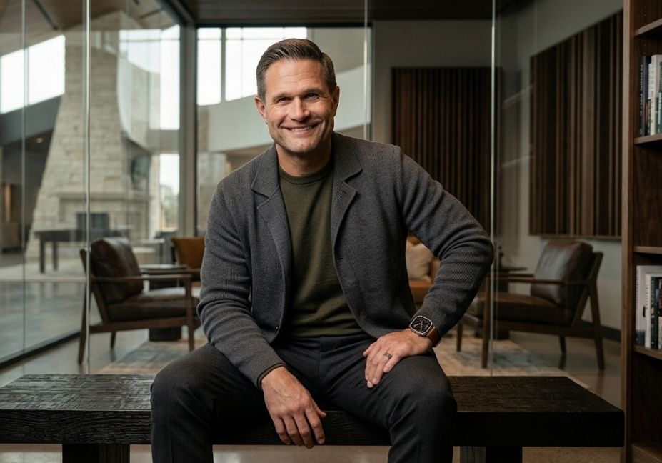 Kyle Idleman inspired celebrity lifestyle feature thumbnail sitting in a luxury modern office studio.