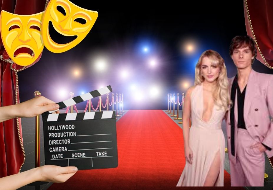A photo of Mason Thames and a blonde woman in formal wear on a red carpet background with theater masks and a movie clapperboard.