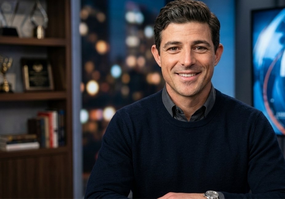 AI-generated professional studio portrait of a male news anchor in a dark blue sweater and grey collared shirt sitting in a modern broadcast studio with a "GLOBAL NEWS JOURNALIST" screen.