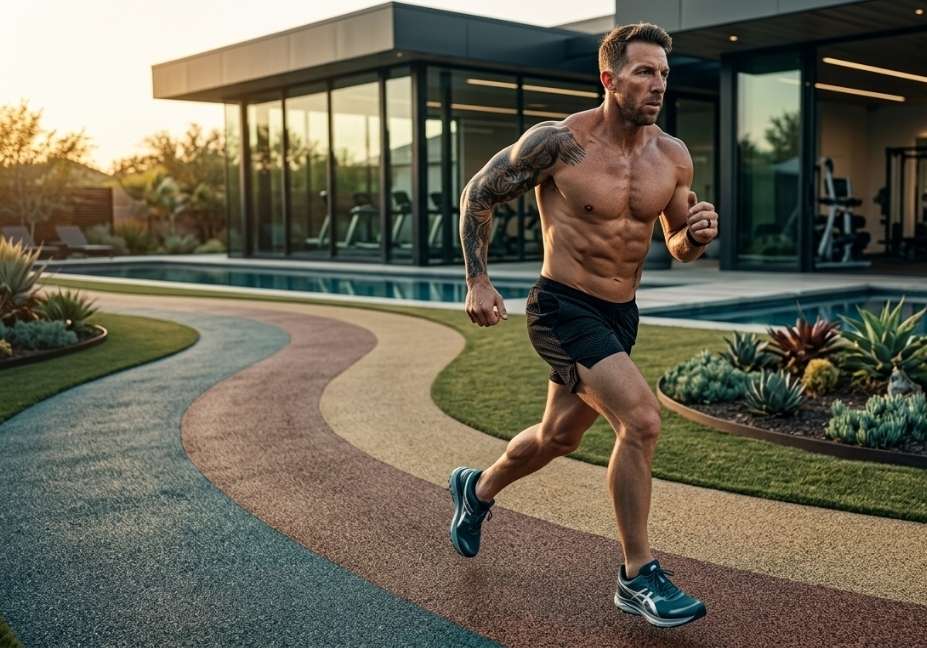 Side profile of a running, shirtless muscular man with an intricate shoulder tattoo. He is on a patterned athletic track in front of a modern glass building at sunset.