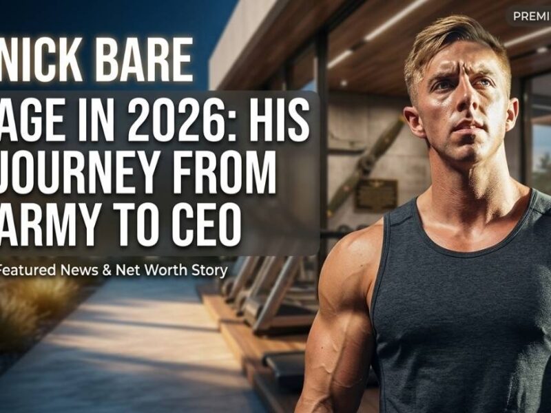A high-end news feature image overlay showing a muscular man in a tank top. Text reads 'NICK BARE AGE IN 2026: HIS JOURNEY FROM ARMY TO CEO'.