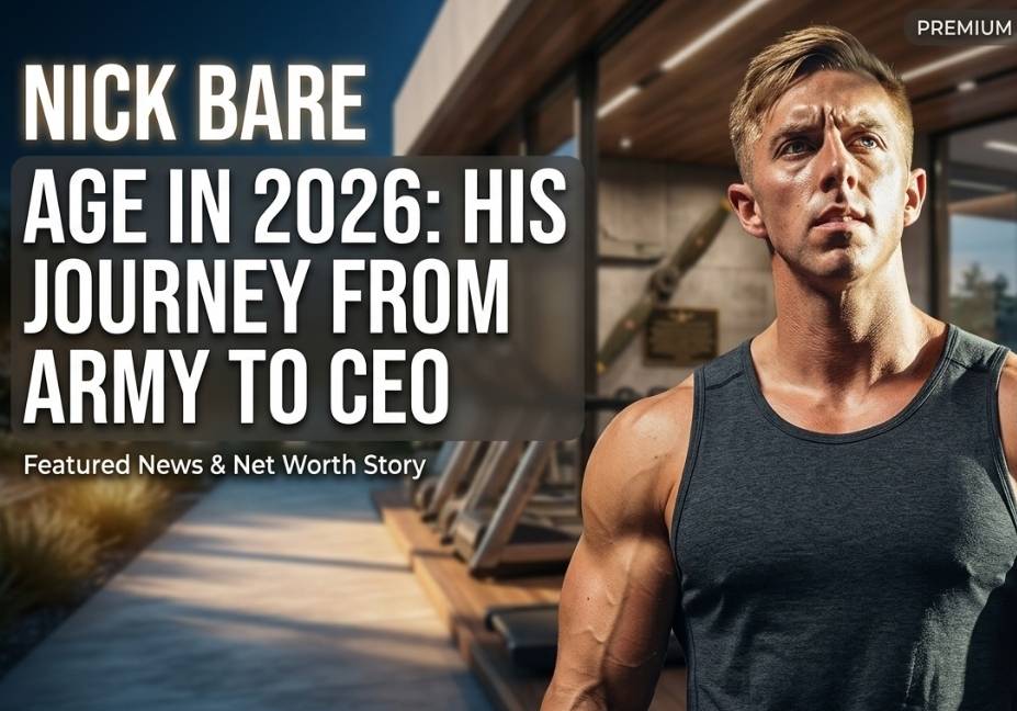 A high-end news feature image overlay showing a muscular man in a tank top. Text reads 'NICK BARE AGE IN 2026: HIS JOURNEY FROM ARMY TO CEO'.