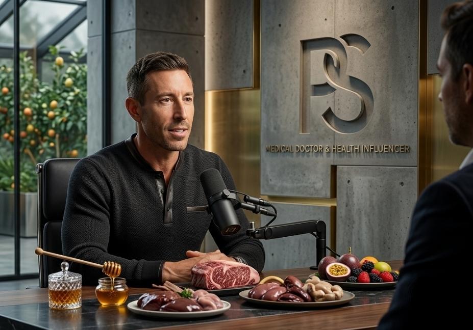 Dr. Paul Saladino during a professional podcast interview with a premium studio background and animal-based foods on the desk.