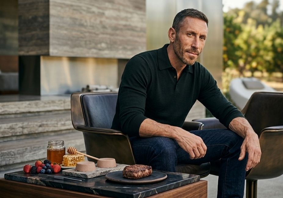 Paul Saladino sitting comfortably on a luxury outdoor chair next to an animal-based meal spread.