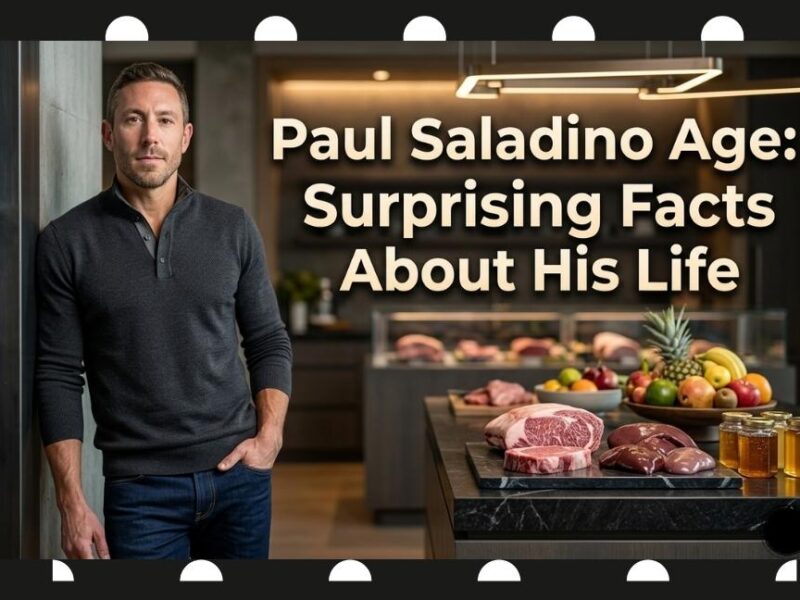 Paul Saladino standing confidently next to a luxury kitchen counter filled with fresh meat, fruits, and honey.
