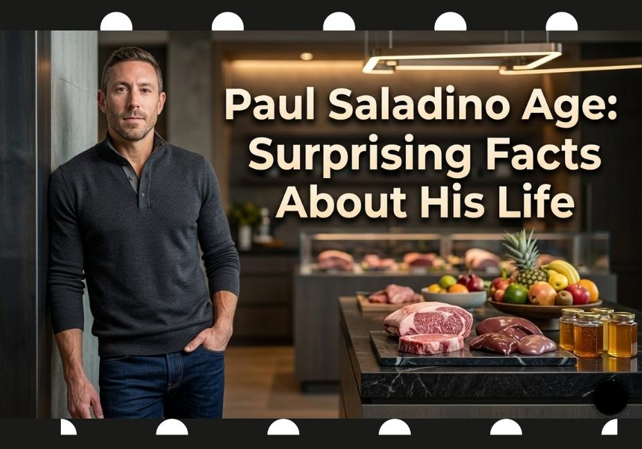Paul Saladino standing confidently next to a luxury kitchen counter filled with fresh meat, fruits, and honey.