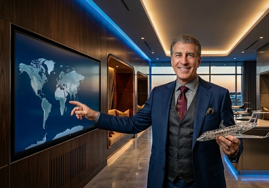 Steve Varsano in a blue luxury suit holding a glass model airplane while pointing at a world map display.