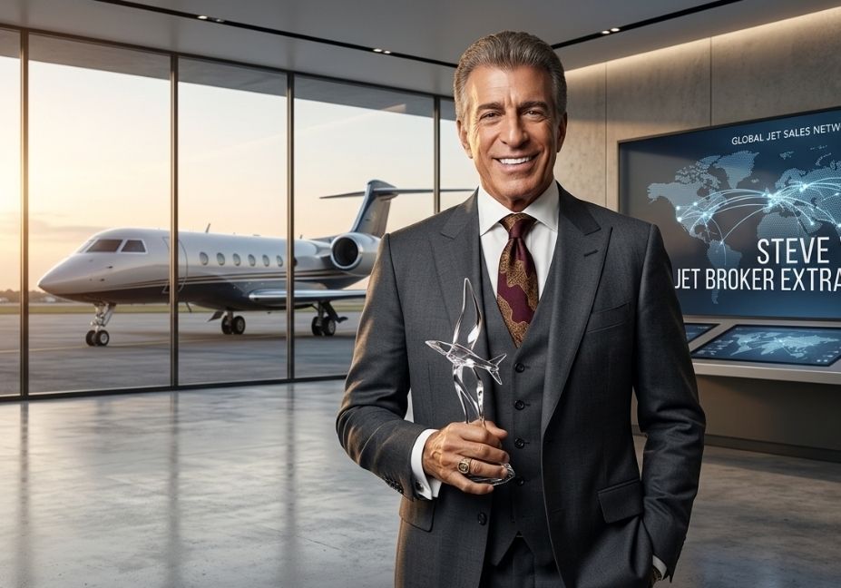 Luxury aviation broker Steve Varsano holding a sleek crystal award in a high-end corporate jet showroom.