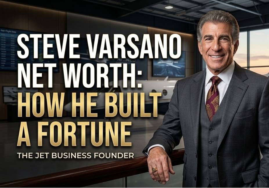 CEO Steve Varsano standing in a luxury corporate aviation showroom with bold headline text about his net worth.