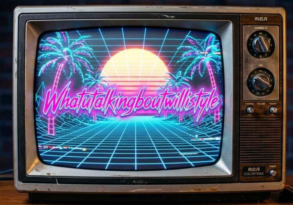 A vintage 1980s RCA ColorTrak television set displaying a neon pink synthwave text overlay that reads "Whatutalkingboutwillistyle" over a retro grid landscape with a glowing sun and palm trees.