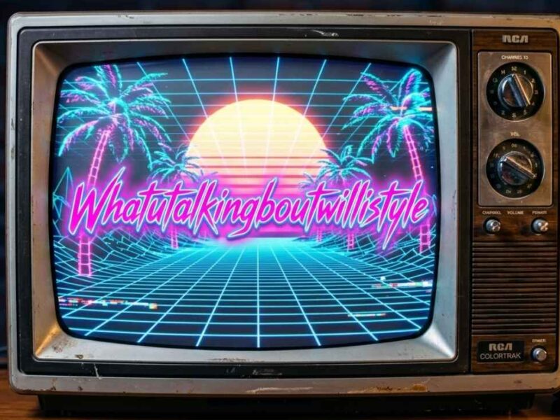 A vintage 1980s RCA ColorTrak television set displaying a neon pink synthwave text overlay that reads "Whatutalkingboutwillistyle" over a retro grid landscape with a glowing sun and palm trees.