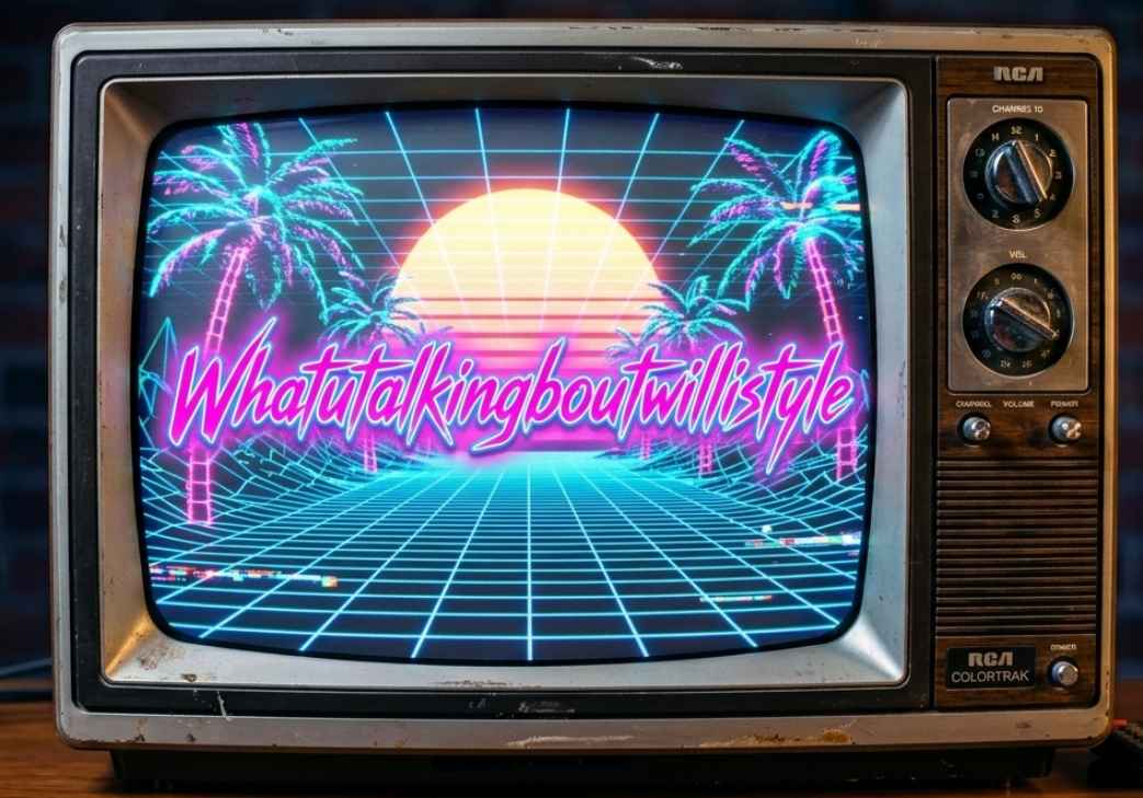 A vintage 1980s RCA ColorTrak television set displaying a neon pink synthwave text overlay that reads "Whatutalkingboutwillistyle" over a retro grid landscape with a glowing sun and palm trees.