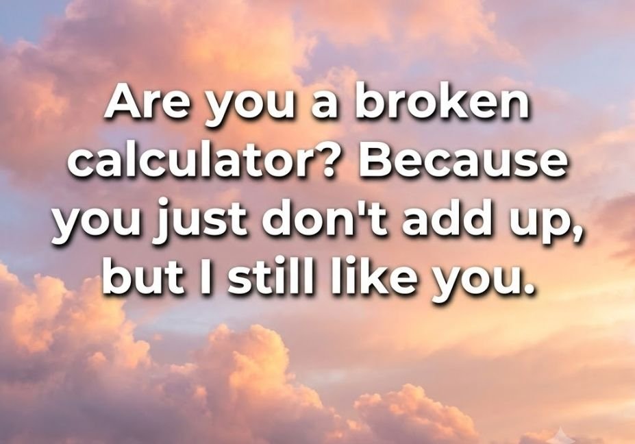 Irrational pickup line quote card about a broken calculator not adding up but still liking you