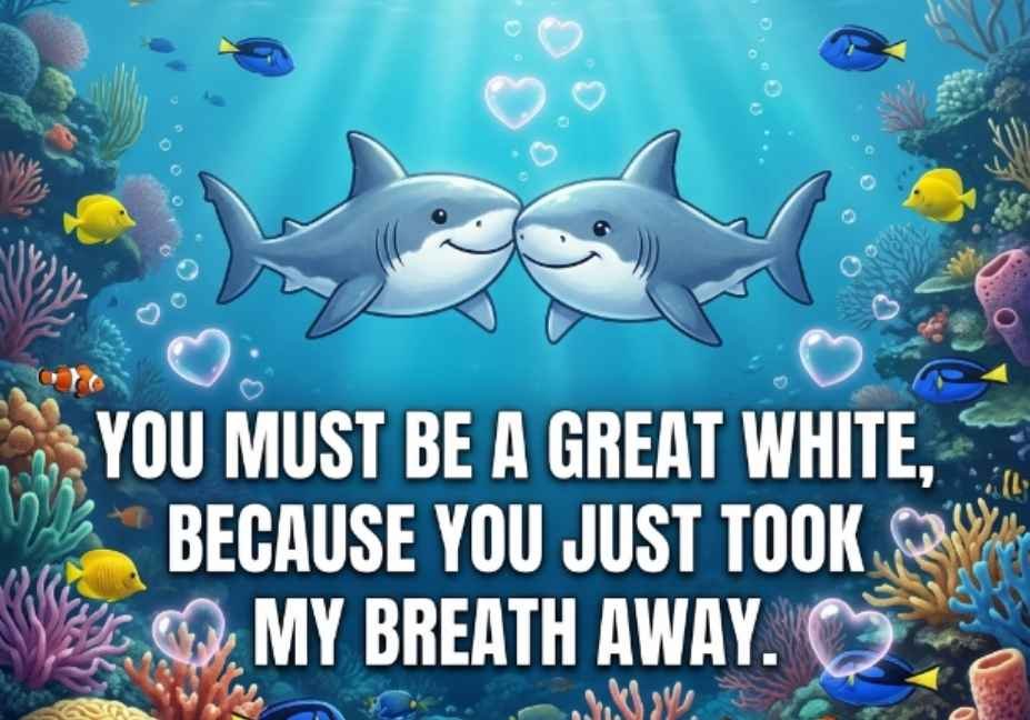 101 Shark Pick Up Lines: Jaw-Dropping or Cringe? two cute cartoon sharks with hearts and bubbles great white pick up line