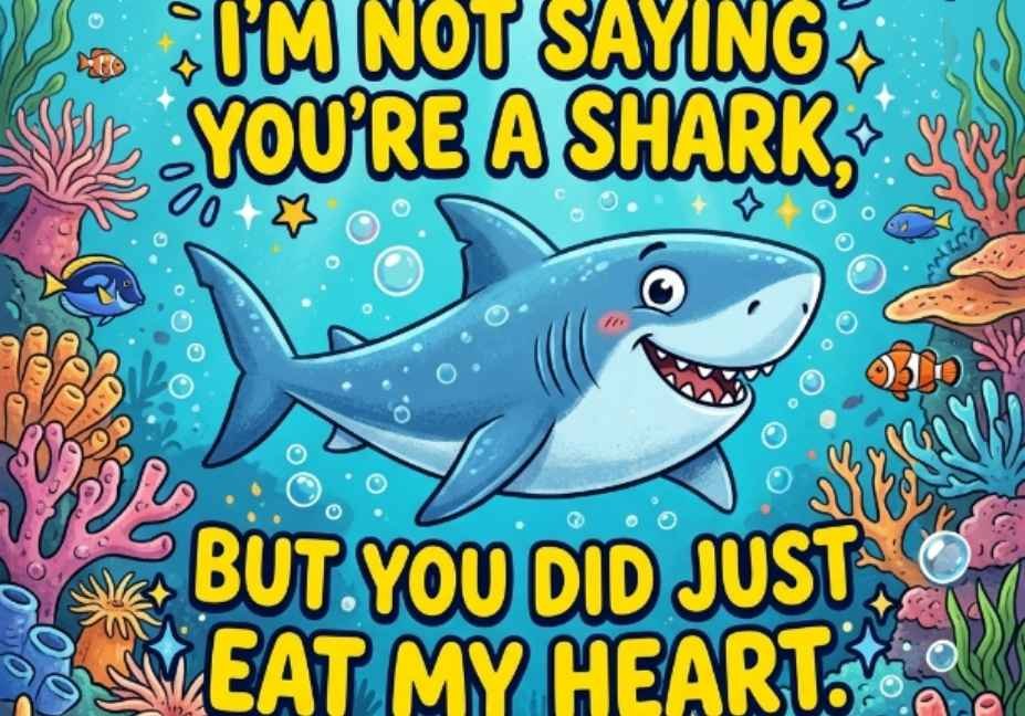 101 Shark Pick Up Lines: Jaw-Dropping or Cringe? smiling cartoon shark with funny yellow text pick up line on coral reef