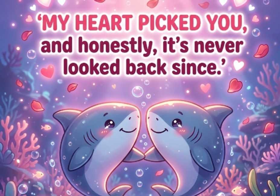 101 Shark Pick Up Lines: Jaw-Dropping or Cringe? two blushing cartoon sharks with hearts romantic pick up line