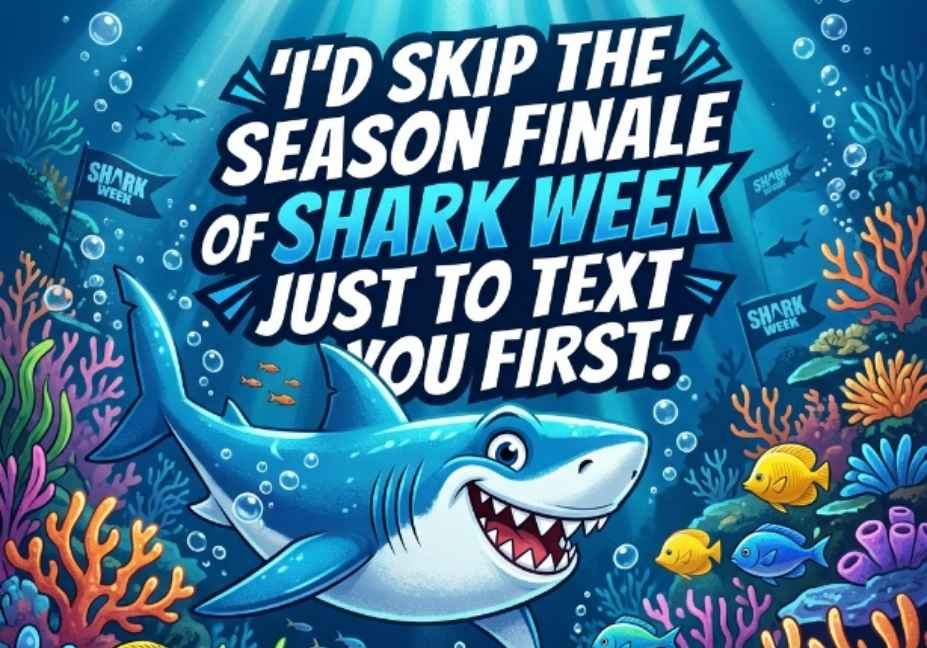 101 Shark Pick Up Lines: Jaw-Dropping or Cringe? bold cartoon shark with Shark Week banner pick up line underwater