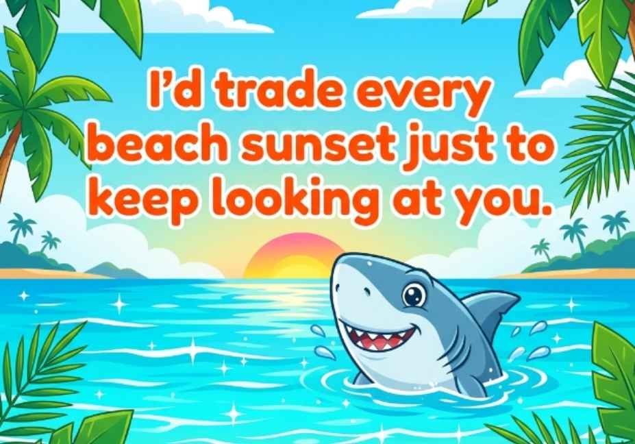 101 Shark Pick Up Lines: Jaw-Dropping or Cringe? cartoon shark at beach sunset with palm trees ocean pick up line