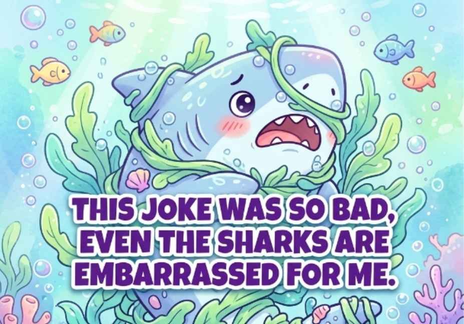 101 Shark Pick Up Lines: Jaw-Dropping or Cringe? clumsy cartoon shark tangled in seaweed cringe pick up line