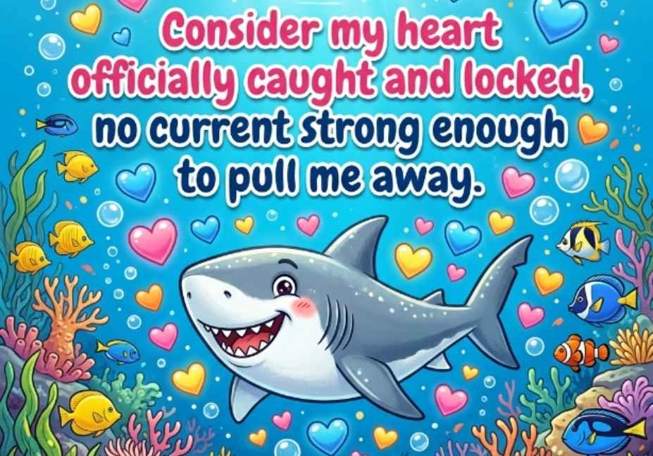 101 Shark Pick Up Lines: Jaw-Dropping or Cringe? happy cartoon shark surrounded by hearts and bubbles cute pick up line