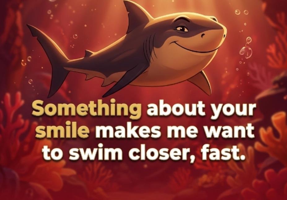 101 Shark Pick Up Lines: Jaw-Dropping or Cringe? smiling cartoon shark on red background flirty pick up line