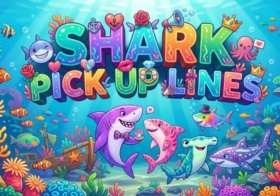 Colorful underwater cartoon banner for 101 Shark Pick Up Lines: Jaw-Dropping or Cringe? featuring cute cartoon sharks, coral reef, and tropical fish