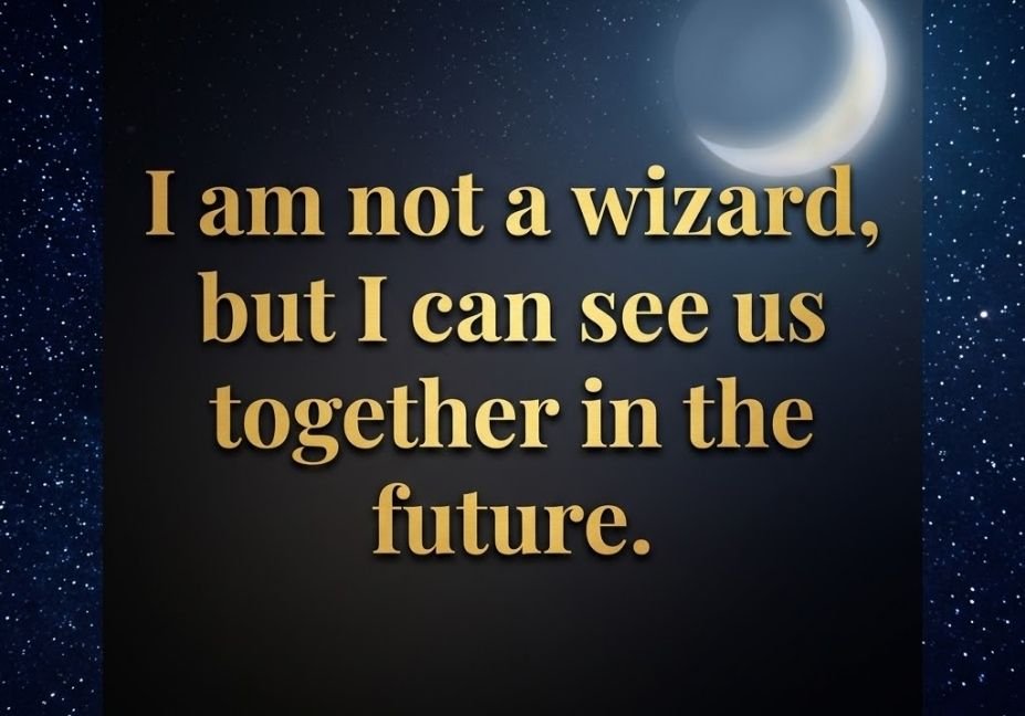 Irrational pickup line graphic featuring a wizard seeing your future together