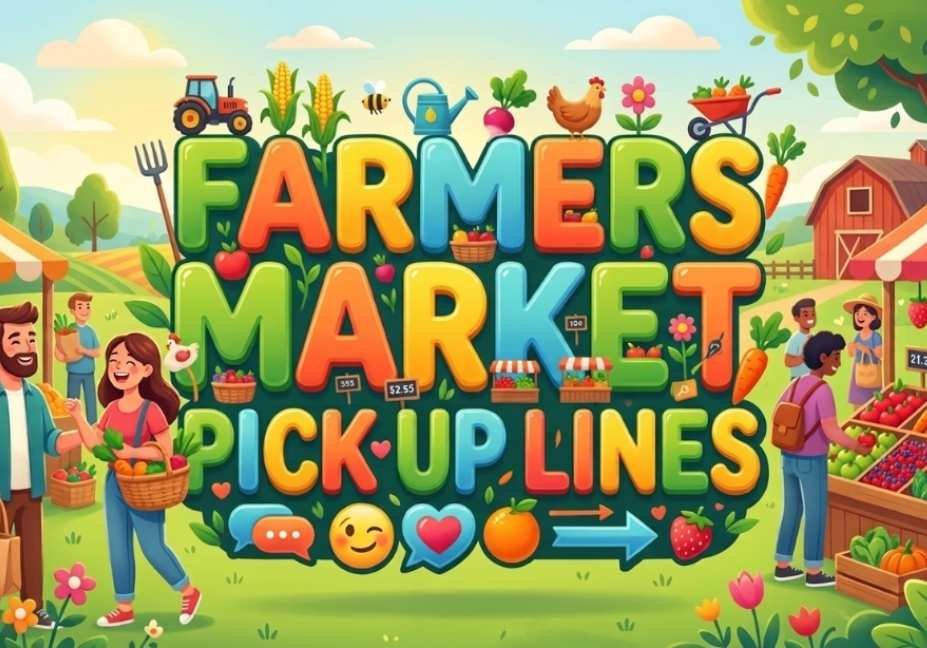 50+ Farmers Market Pick Up Lines No One Warned You About – colorful farmers market illustration with fresh produce and couple