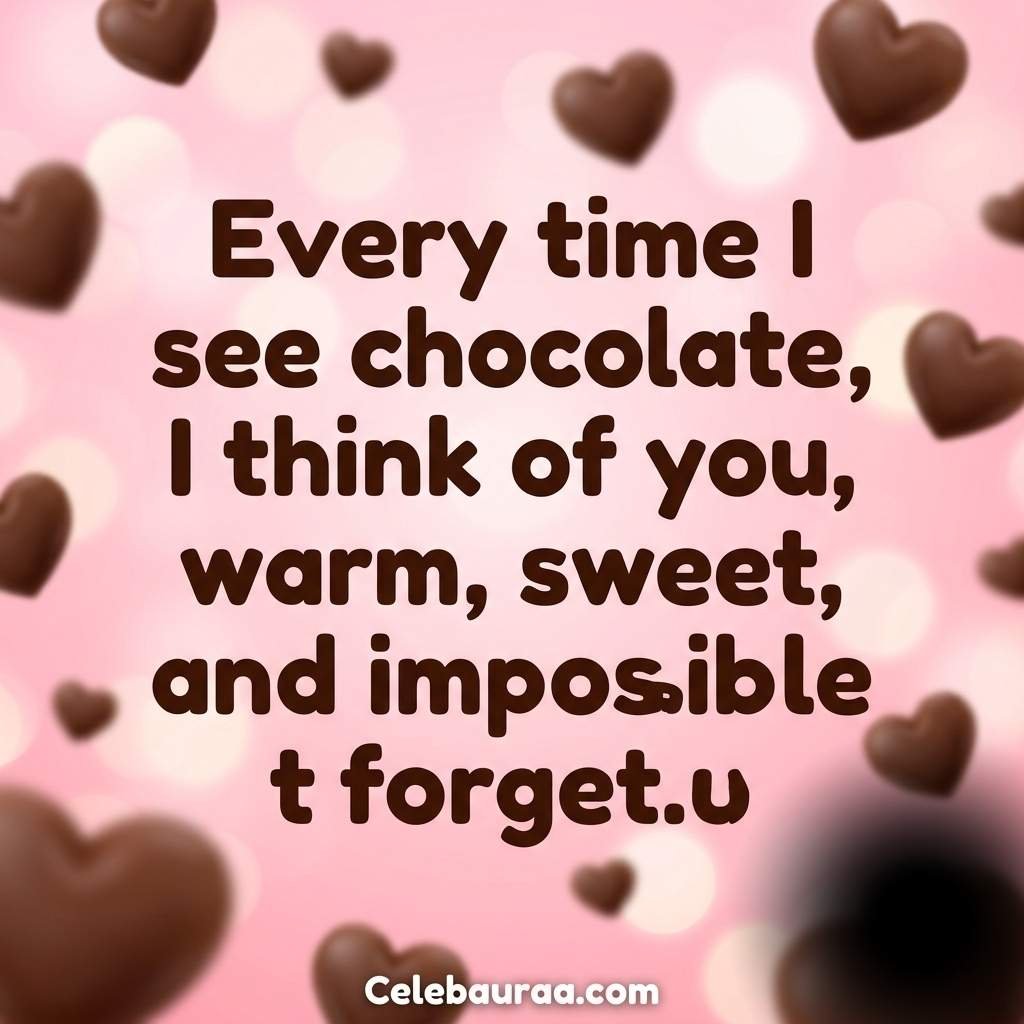 A soft, romantic square image featuring bold dark brown text: "Every time I see chocolate, I think of you, warm, sweet, and impossible to forget." in a modern font. Floating chocolate hearts on a dreamy pastel pink background with soft bokeh lights.