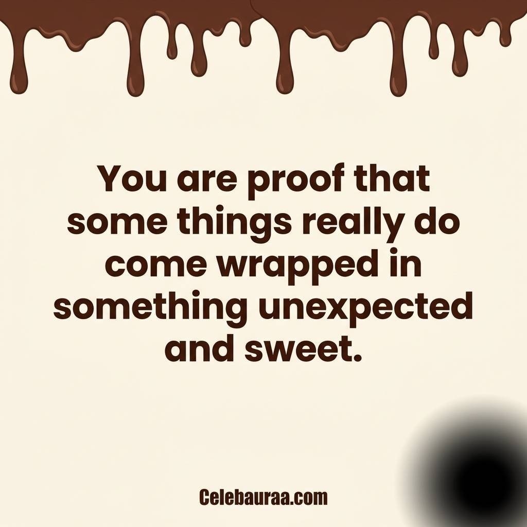A sweet dessert aesthetic square image. Soft peach and cream gradient background with glossy cherry and chocolate drizzle illustrations only in the corners. Bold dark red-brown text: "You have that cherry on top effect, the finishing touch this whole day needed."