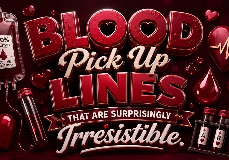 "Dark burgundy 3D illustration for Blood Pick Up Lines That Are Surprisingly Irresistible featuring glossy blood-themed typography, blood bag, test tubes, heart, blood drop, ECG line, and romantic medical icons in a 16:9 banner design.