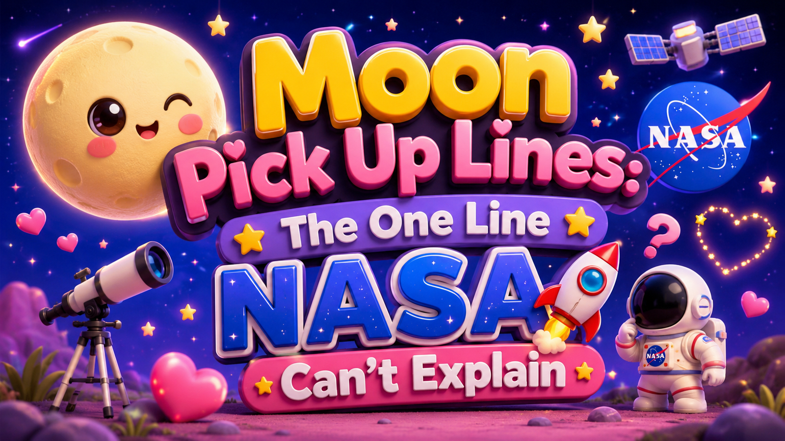 Cute 3D illustration featuring a smiling moon, astronaut, rocket, stars, telescope, and glossy text reading "Moon Pick Up Lines: The One Line NASA Can't Explain" on a dreamy purple-blue galaxy background.