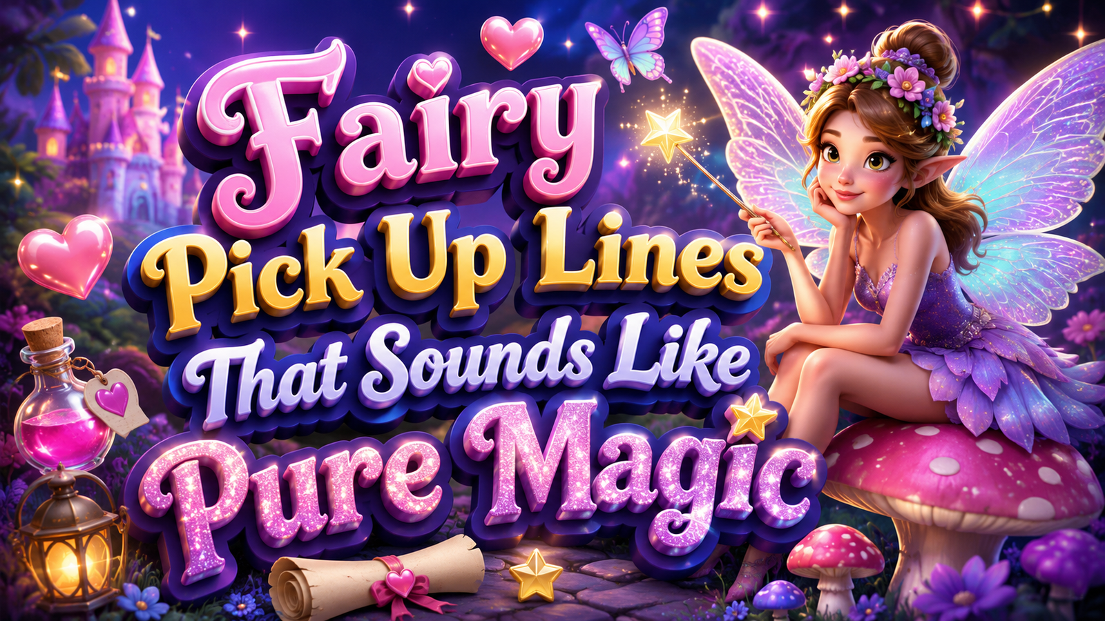 Fairy Pick Up Lines That Sounds Like Pure Magic illustrated thumbnail featuring a cute fairy with glowing wings, enchanted forest, magical wand, mushrooms, butterflies, hearts, sparkling stars, potion bottle, and colorful 3D fantasy text in pastel pink, purple, and blue.