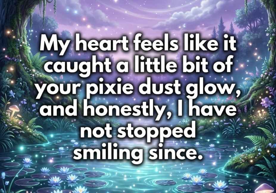 Fairy Pick Up Lines image over a magical glowing pond with lily pads and floating sparkles