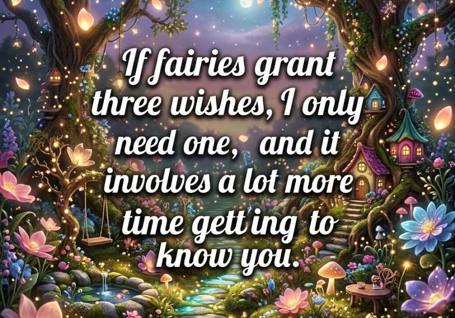 Fairy Pick Up Lines quote set in a whimsical fairy garden with glowing petals and glitter