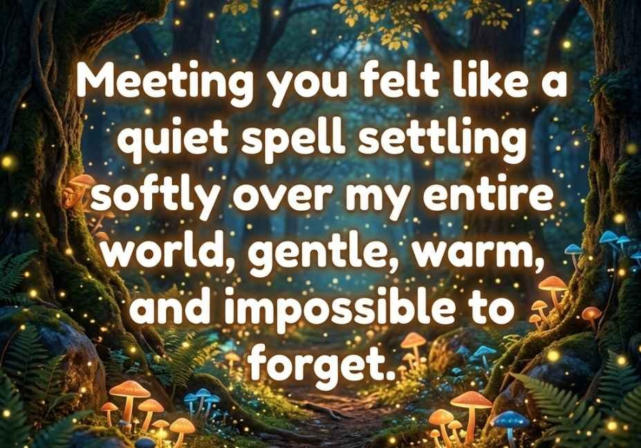 Fairy Pick Up Lines graphic along a glowing enchanted forest path with warm firefly light
