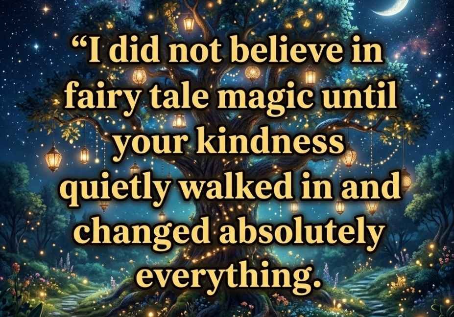 Fairy Pick Up Lines quote under a magical starlit sky with a glowing fairy tree and lanterns