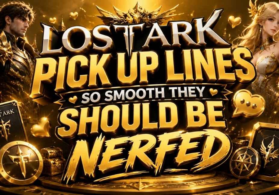 Golden 3D illustration featuring the title 'Lost Ark Pick Up Lines So Smooth They Should Be Nerfed' with fantasy-themed icons, hearts, treasure chests, shields, swords, and glowing game-inspired elements in a cinematic 16:9 design