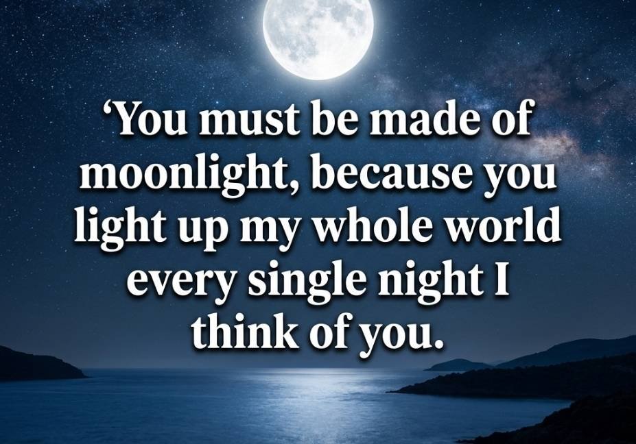 Moon Pick Up Lines quote image with glowing full moon and starry night sky background
