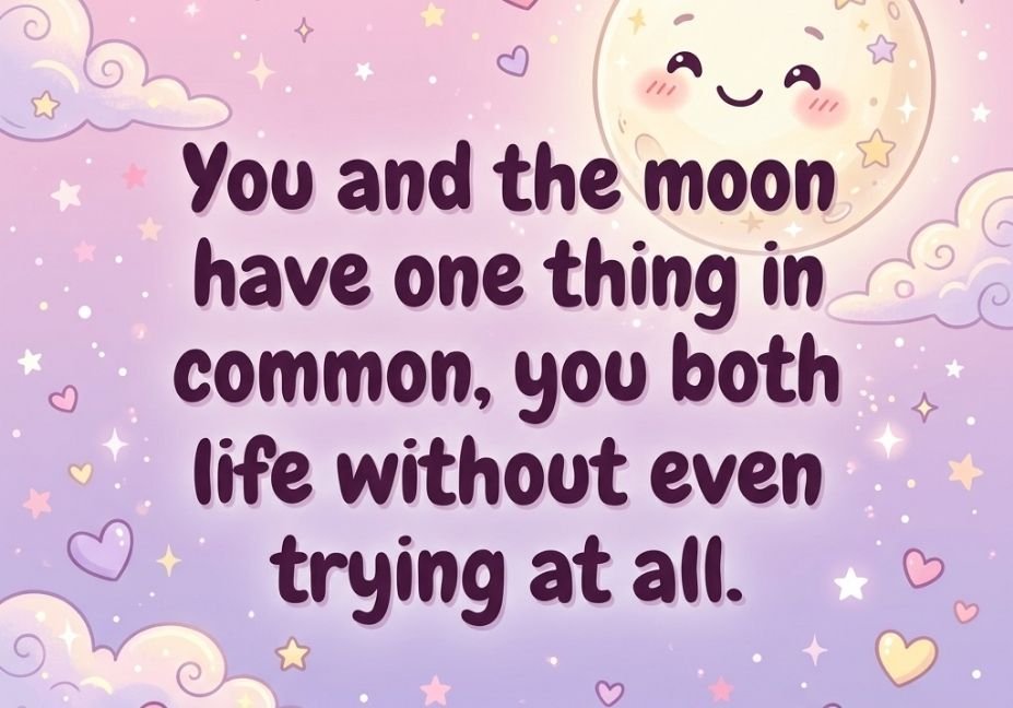 Cute Moon Pick Up Lines quote with pastel pink sky and smiling cartoon moon illustration