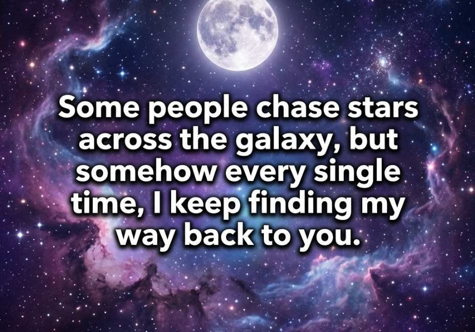 Cosmic Moon Pick Up Lines quote on purple galaxy background with glowing moon and stars