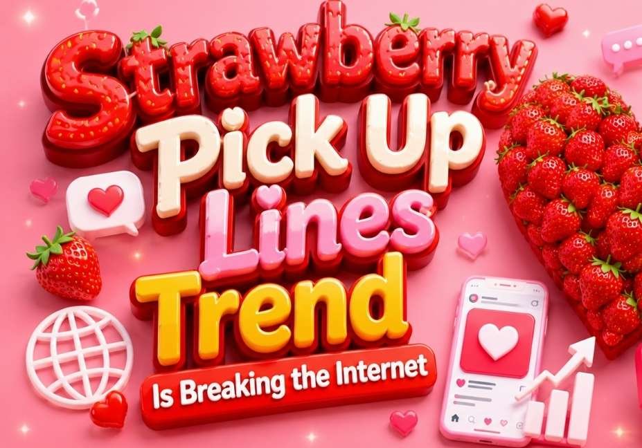 A vibrant 3D YouTube thumbnail featuring the title "Strawberry Pick Up Lines Trend Is Breaking the Internet" centered on a pastel pink background with glossy strawberries, a heart-shaped strawberry arrangement, floating hearts, social media icons, and romantic design elements.