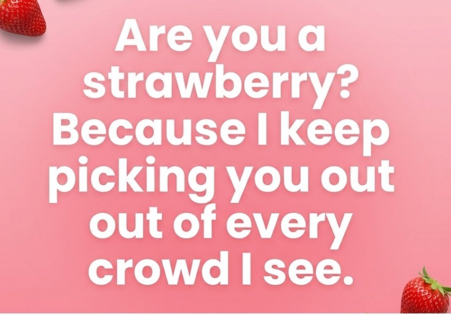 "Strawberry Pick Up Lines quote image with cute couple picking strawberries theme and pink background"