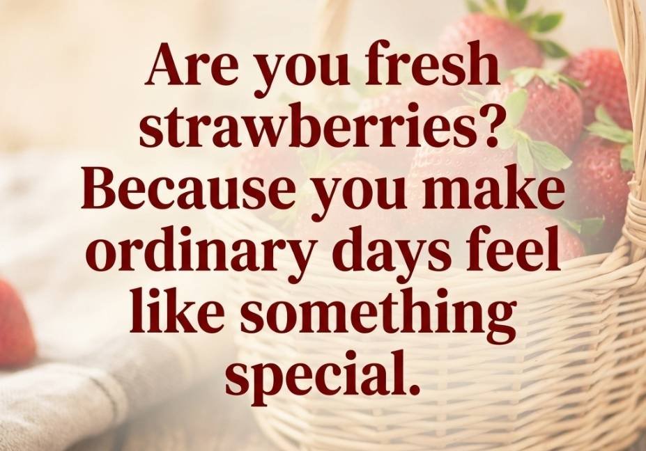 "Strawberry Pick Up Lines quote image with cream red palette and blurred strawberry basket"