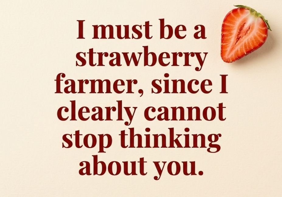 "Strawberry Pick Up Lines caption on cream background with fresh cut strawberry farmer theme"