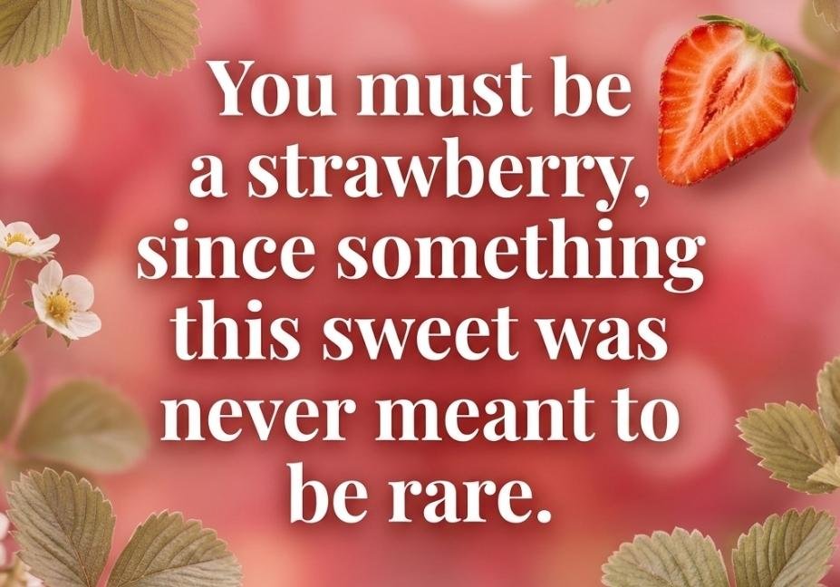 "Romantic Strawberry Pick Up Lines text on soft pink background with strawberry leaves border"
