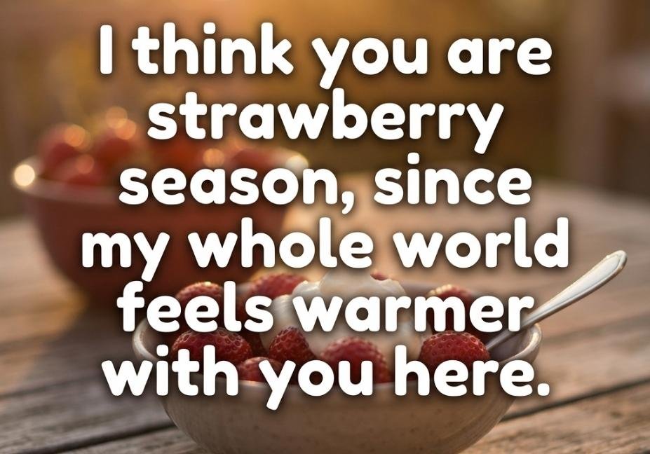 "Strawberry Pick Up Lines caption with golden hour lighting and strawberries and cream bowl"