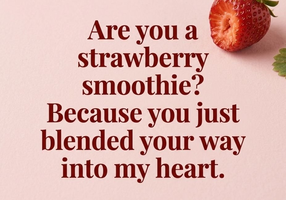 "Strawberry Pick Up Lines caption on blush pink background with bitten fresh strawberry"