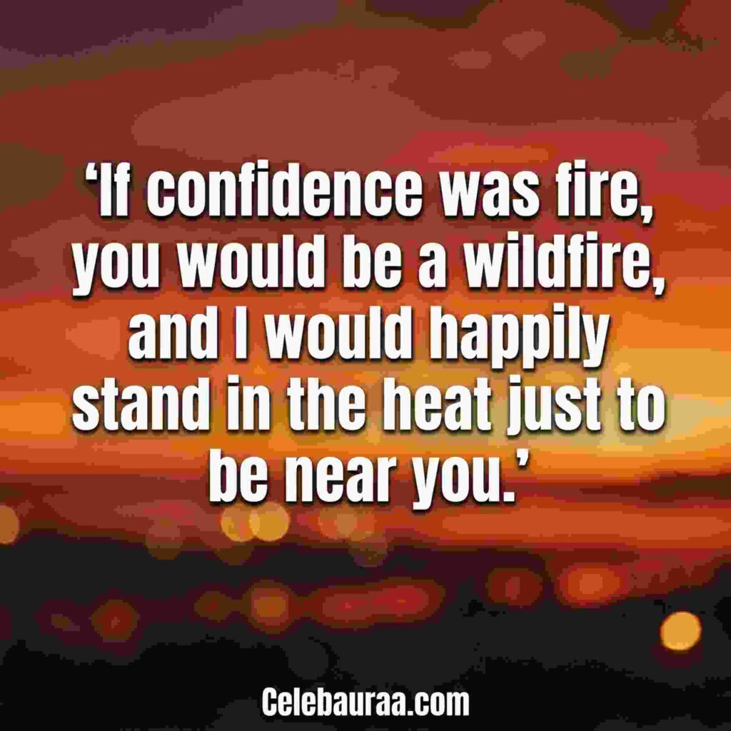 Fire pick up lines quote on romantic sunset background with warm glowing bokeh lights